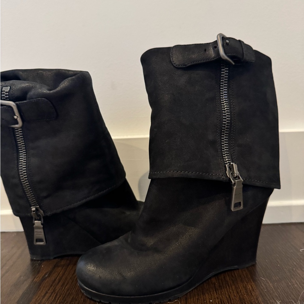 Prada Black Wedge Boots with Zipper Detail